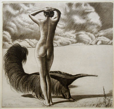 Richard Müller (1874-1954),Versonnene Schönheit, in betrachtung der Wolen versonnen
und ein Ameisenbär,A cloud-watching pensive beauty and a bypassing anteater in a fine
composition