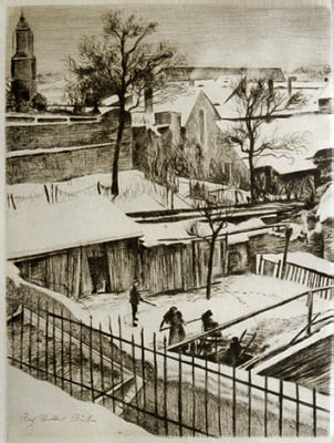 Richard Müller
(1874-1954),Winterliche Hinterhöfe in der mittelalterlichen Stadt,Atmospheric picture of quiet
backyards in a medieval town in winter